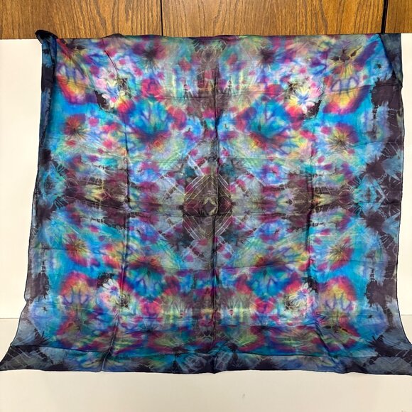 Handsewn Pure Silk Scarf Vibrant Multicolor Tie-Dye Design Fashion Accessory - Picture 7 of 7